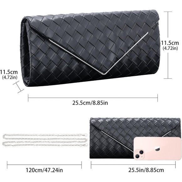 Women's Black 2 Clutch Purses Sparkling Envelope Evening Bag Detachable Chain - Picture 6 of 7